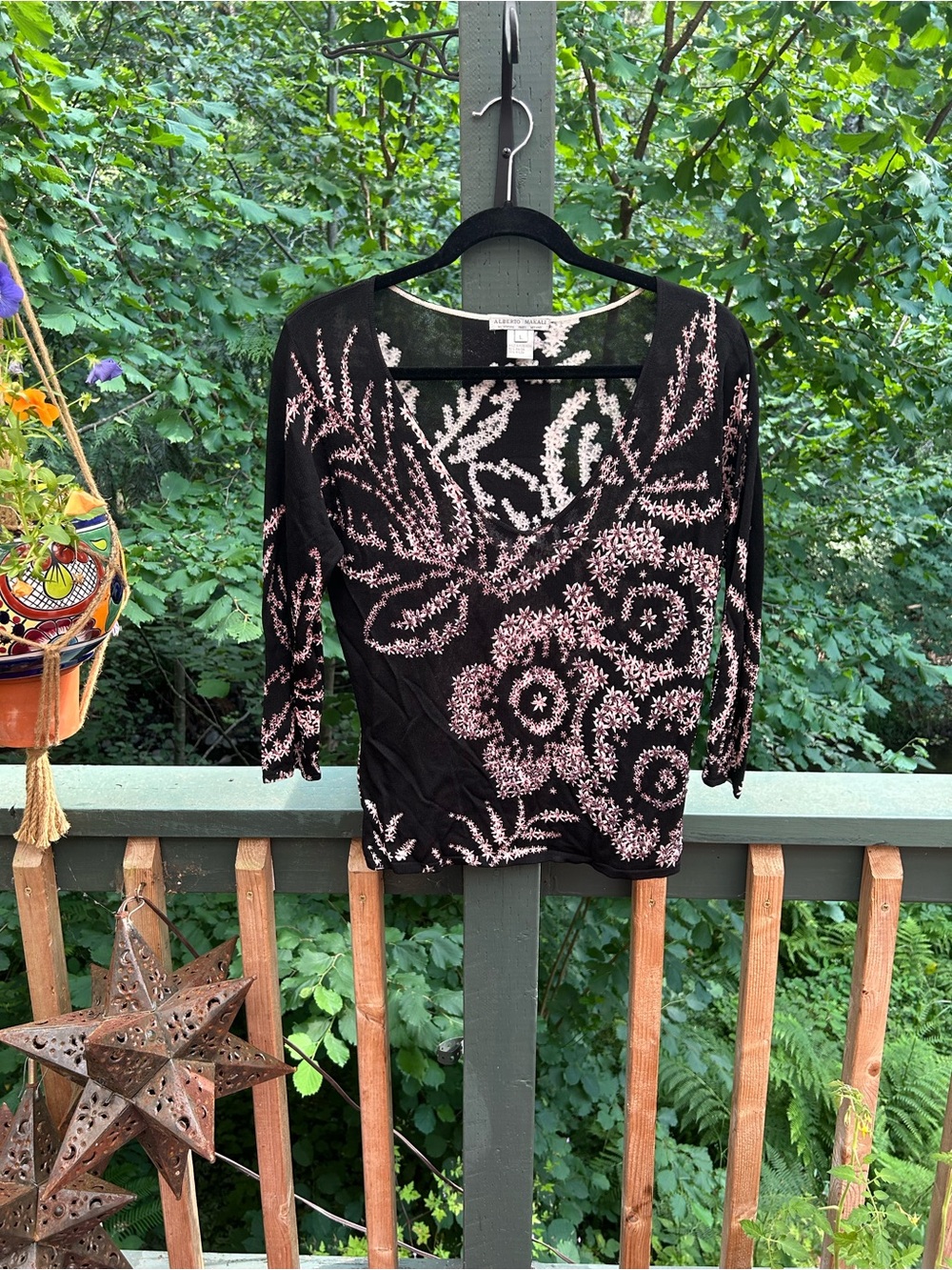 Alberto Makali Black Top with Pink Floral Embroidery